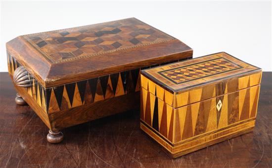 An early 19th century Tunbridge ware Vandyke marquetry sewing box and similar tea caddy, 13in.